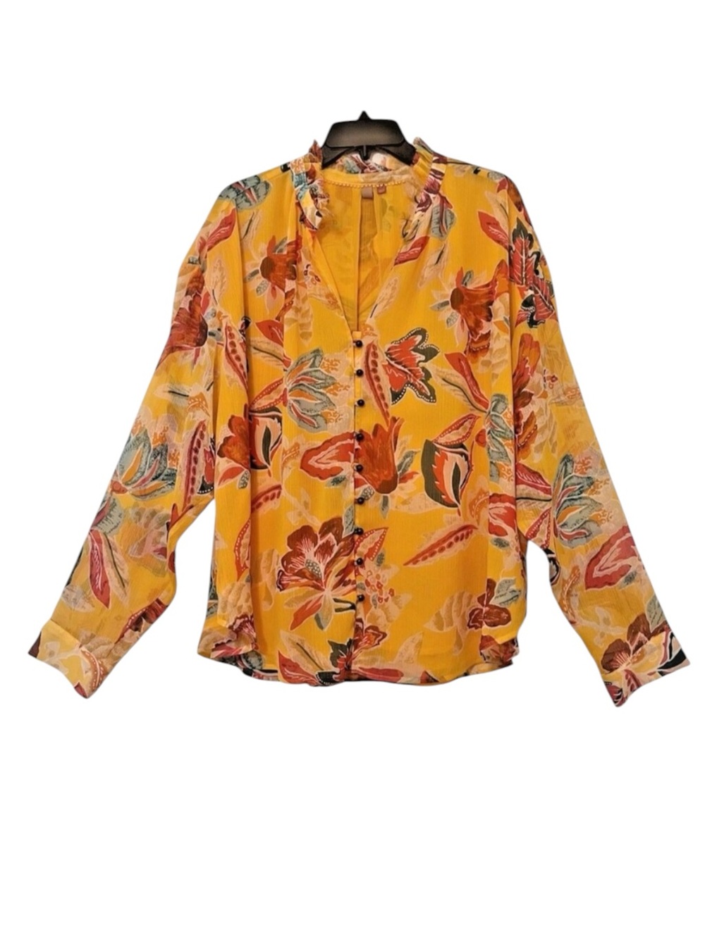 Anthropologie PILCRO Yellow Floral Tavi Buttoned Blouse Long Sleeve Boho Size 2X